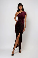 LENORE BERRY VELVET ONE SHOULDERED MAXI OCCASION WEAR DRESS WITH FRONT SIDE  SPLIT