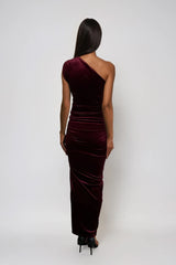 LENORE BERRY VELVET ONE SHOULDERED MAXI OCCASION WEAR DRESS WITH FRONT SIDE  SPLIT