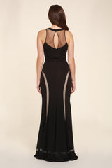 LYDIA BLACK EMBELLISHED MAXI DRESS WITH MESH INSERTS