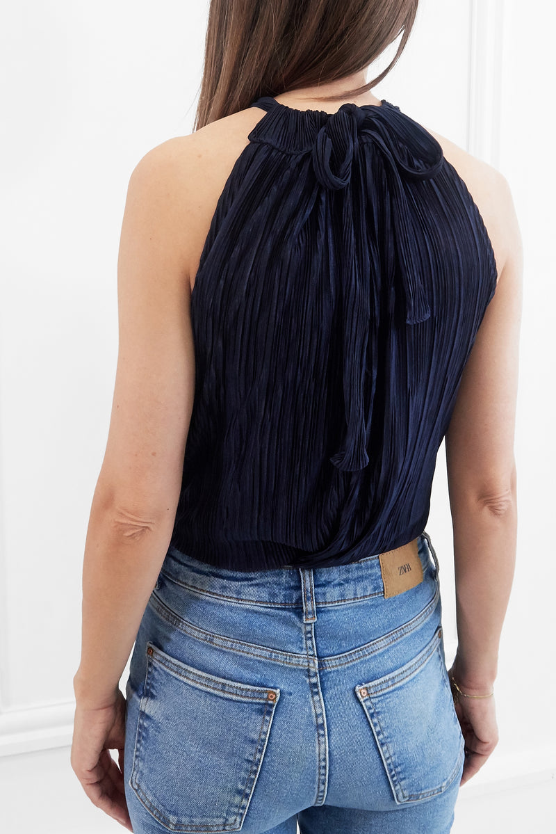 MILLIE PLISSE PLEATED NAVY HALTERNECK TOP