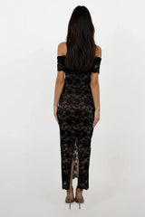 MINA BLACK LACE BARDOT MAXI DRESS WITH NUDE SLIP
