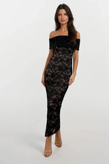 MINA BLACK LACE BARDOT MAXI DRESS WITH NUDE SLIP