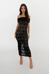 MINA BLACK LACE BARDOT MAXI DRESS WITH NUDE SLIP