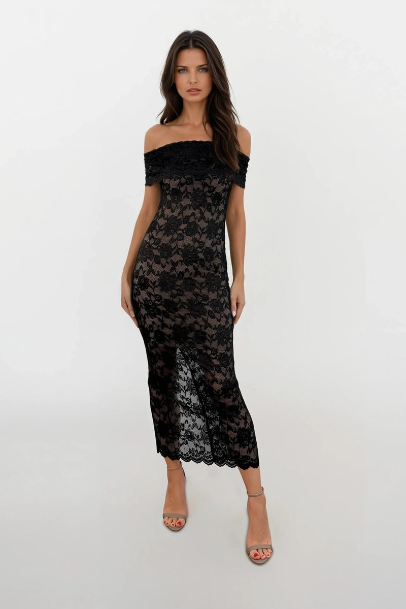 MINA BLACK LACE BARDOT MAXI DRESS WITH NUDE SLIP