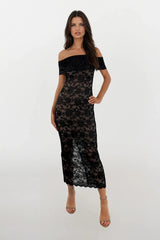 MINA BLACK LACE BARDOT MAXI DRESS WITH NUDE SLIP