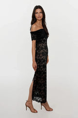 MINA BLACK LACE BARDOT MAXI DRESS WITH NUDE SLIP