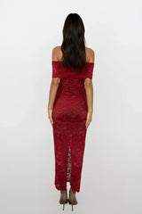 MINA RED LACE BARDOT MAXI DRESS WITH NUDE SLIP
