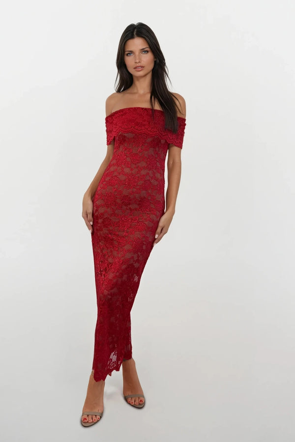 MINA RED LACE BARDOT MAXI DRESS WITH NUDE SLIP