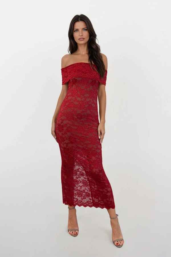 MINA RED LACE BARDOT MAXI DRESS WITH NUDE SLIP