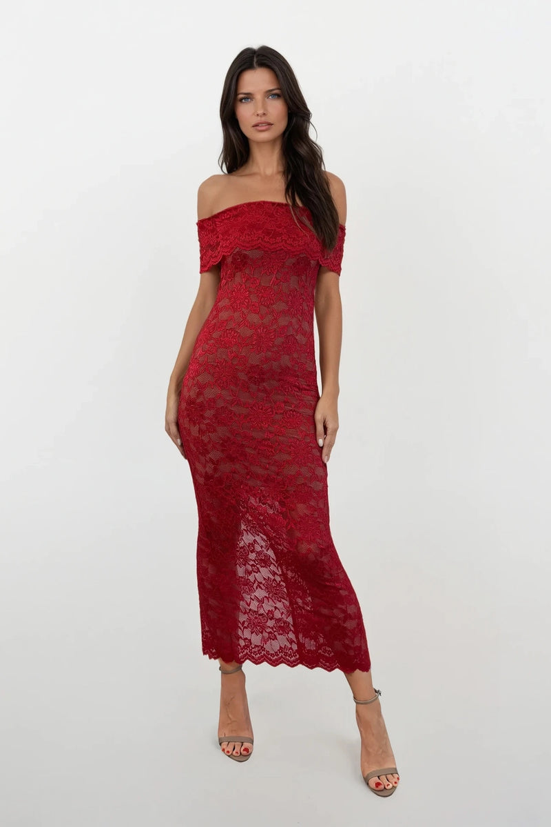 MINA RED LACE BARDOT MAXI DRESS WITH NUDE SLIP