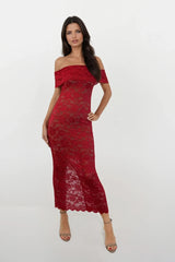 MINA RED LACE BARDOT MAXI DRESS WITH NUDE SLIP