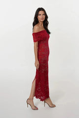 MINA RED LACE BARDOT MAXI DRESS WITH NUDE SLIP