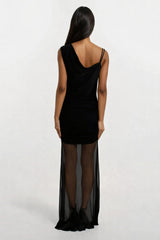 MYLA BLACK CAMI MAXI DRESS WITH COWL DRAPE NECKLINE AND MESH SKIRT