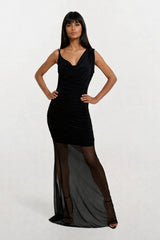 MYLA BLACK CAMI MAXI DRESS WITH COWL DRAPE NECKLINE AND MESH SKIRT