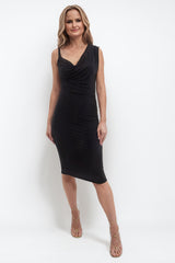 MYLA BLACK MIDI WITH COWL DRAPE NECKLINE CAMI DRESS