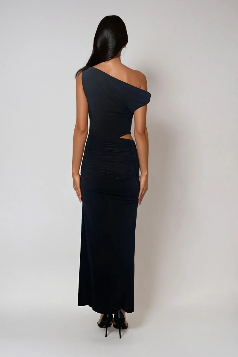 NATALIA BLACK OFF SHOULDER DRESS WITH CUT OUT & SIDE SPLIT MAXI DRESS