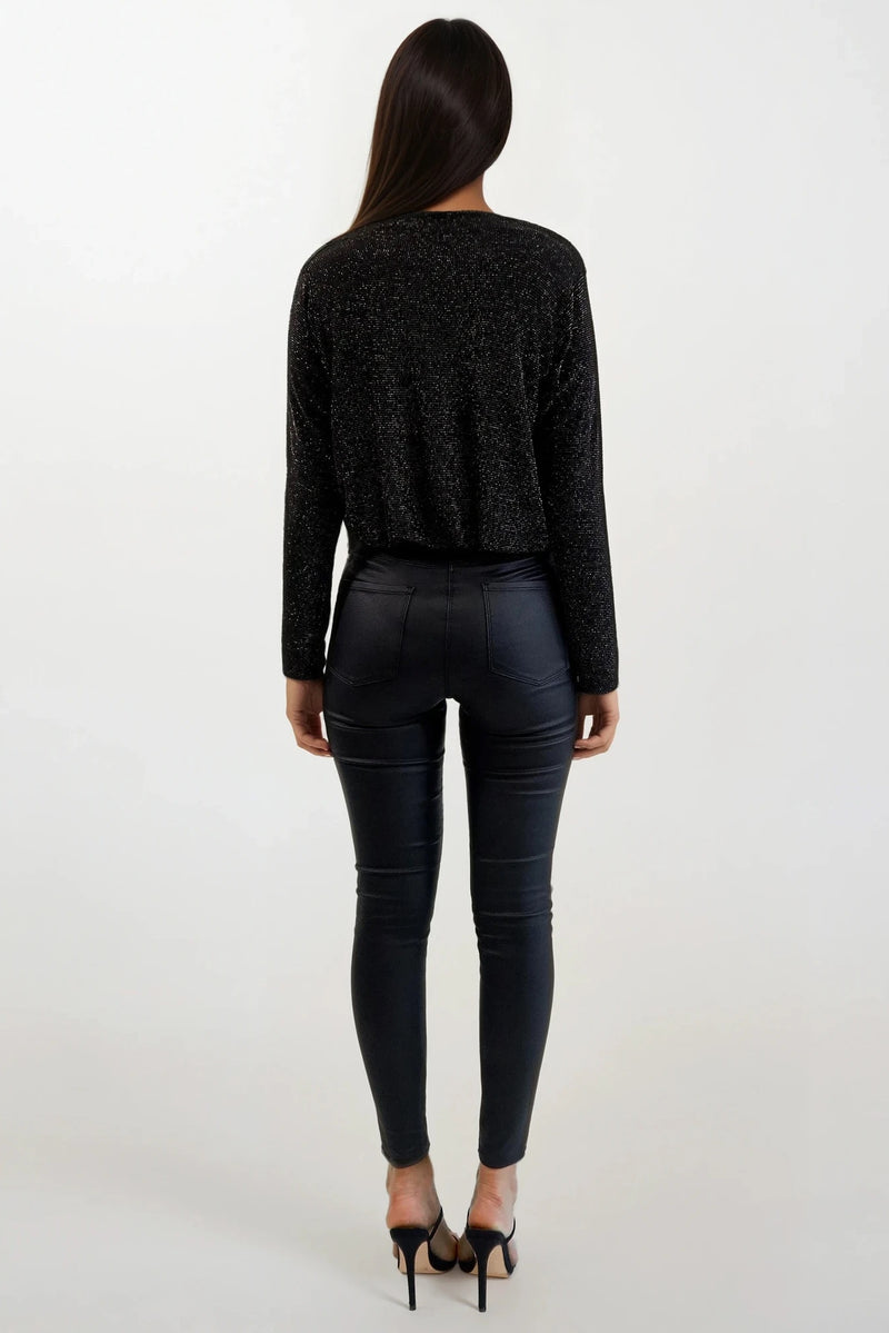 NYLA BLACK/BRONZE SHIMMER LONG SLEEVED BODYSUIT TOP