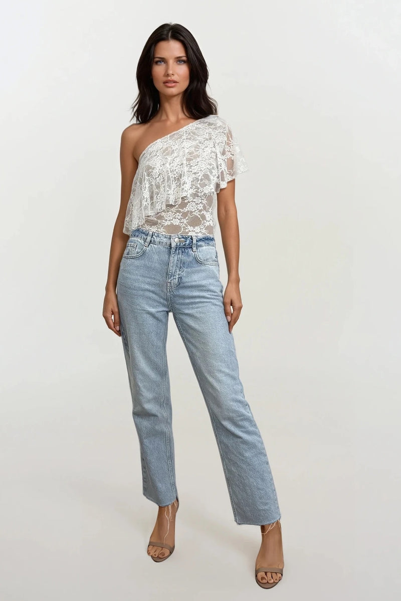 PAIGE WHITE LACE FRILL ONE SHOULDER TOP