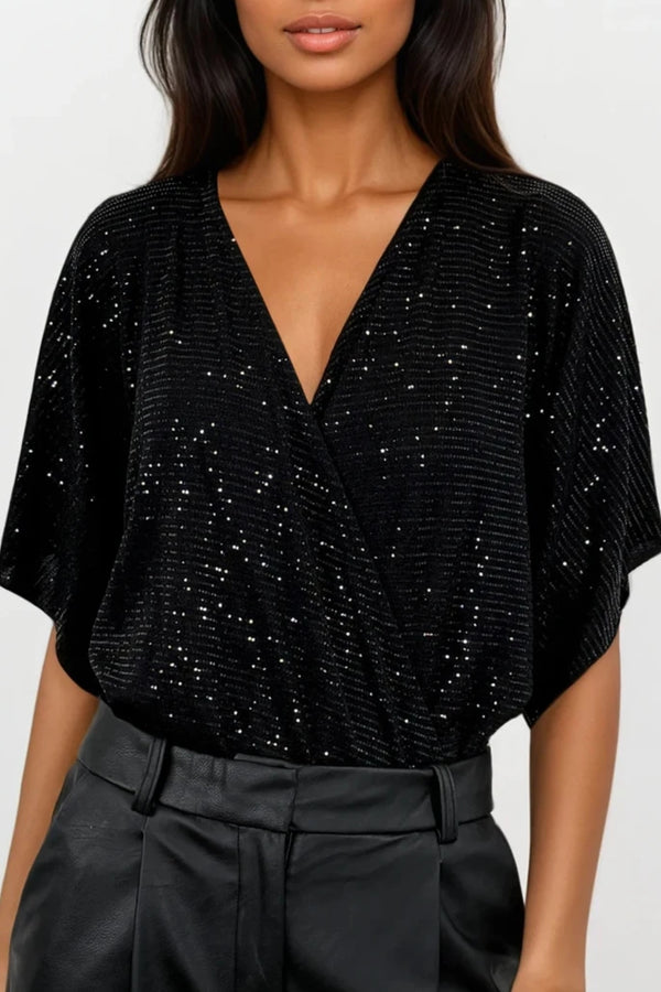 PERRIE BLACK SEQUIN ANGEL SLEEVED WRAP BODYSUIT TOP