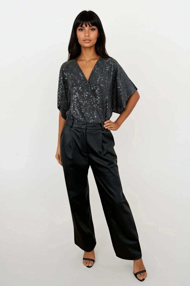 PERRIE SILVER SEQUIN ANGEL SLEEVED WRAP BODYSUIT TOP