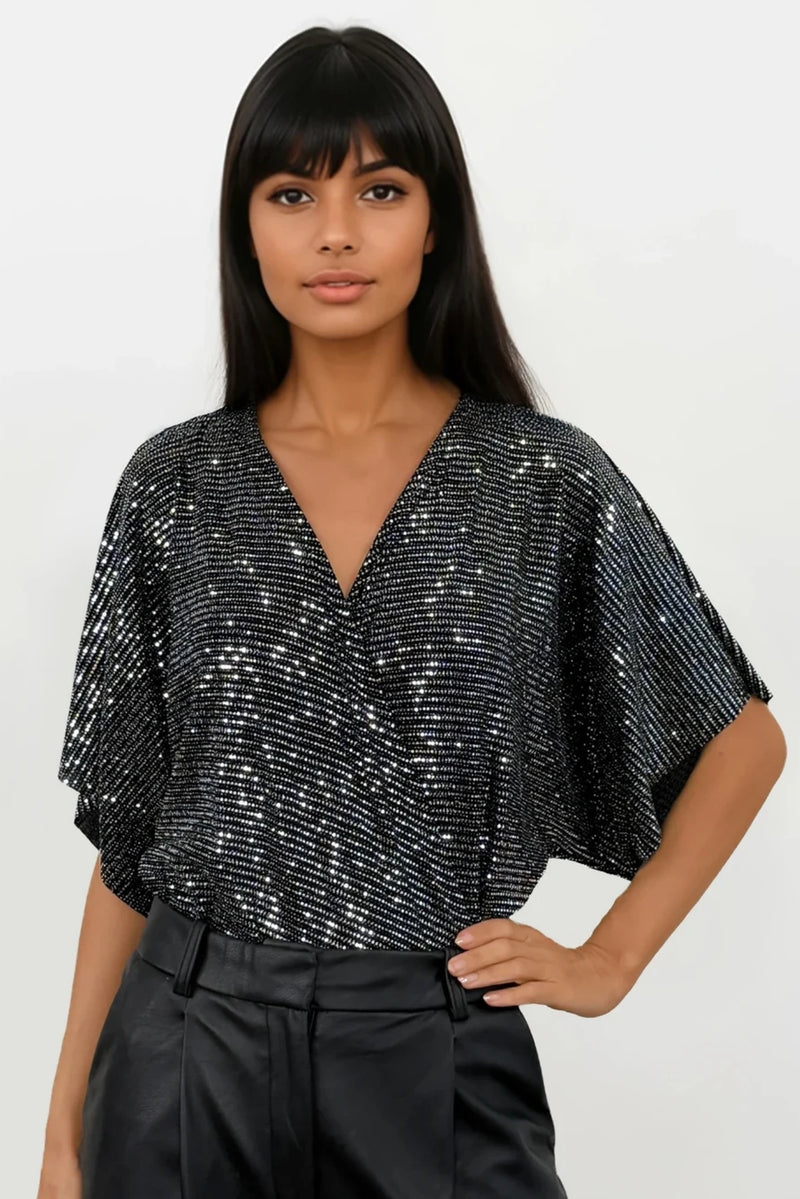 PERRIE SILVER SEQUIN ANGEL SLEEVED WRAP BODYSUIT TOP