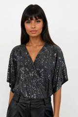 PERRIE SILVER SEQUIN ANGEL SLEEVED WRAP BODYSUIT TOP