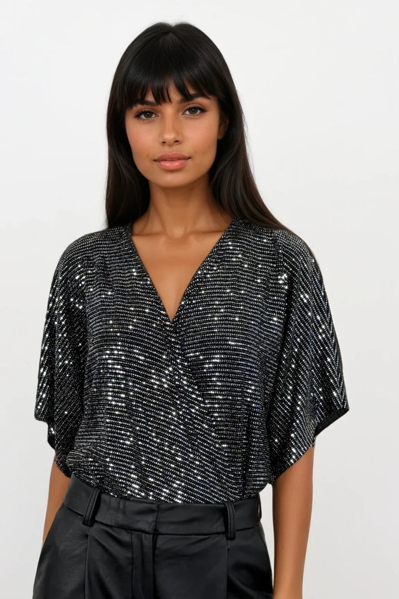 PERRIE SILVER SEQUIN ANGEL SLEEVED WRAP BODYSUIT TOP
