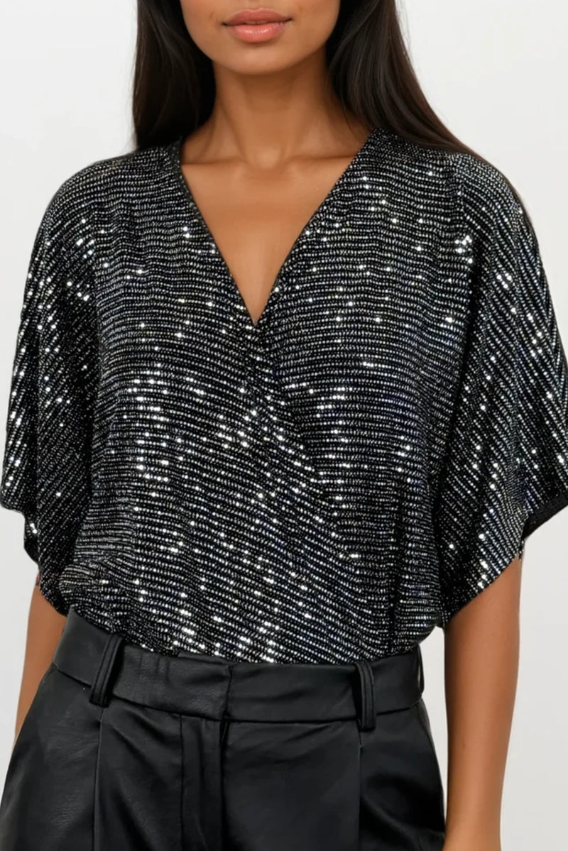 PERRIE SILVER SEQUIN ANGEL SLEEVED WRAP BODYSUIT TOP
