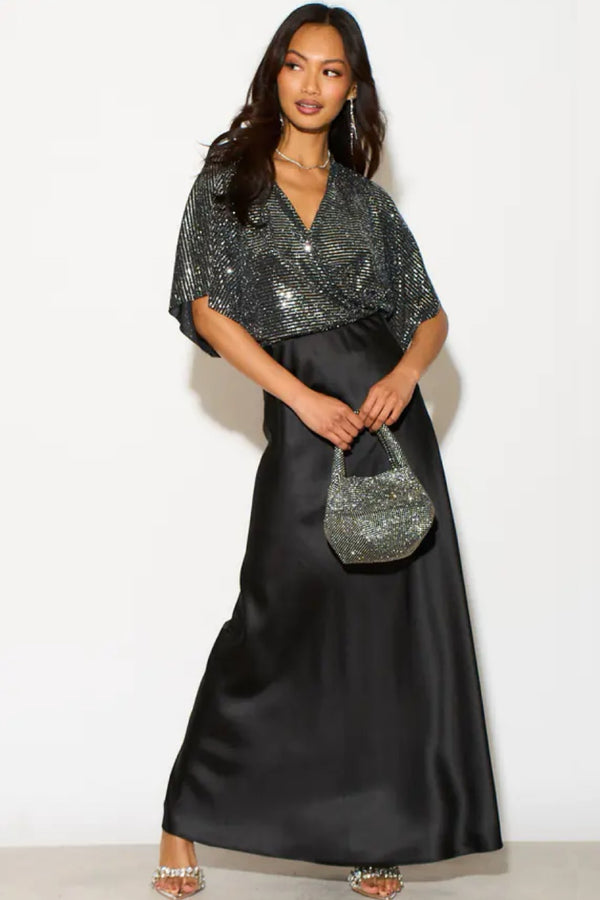 PERRIE SILVER SEQUIN ANGEL SLEEVED WRAP BODYSUIT TOP