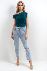 RAVEN GREEN OFF THE SHOULDER / DROP SHOULDER TOP