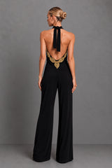 Sasha Black Backless Wide Leg Jumpsuit With Gold Leaf Trim