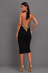 Sasha Black Backless Midi Dress With Gold Leaf Trim