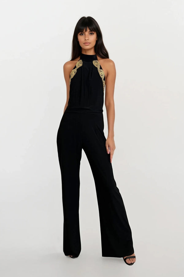 SASHA BLACK BACKLESS JUMPSUIT WITH WIDE LEGS AND GOLD LEAF TRIM