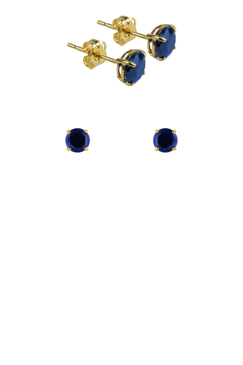 September - 9ct Yellow Gold Birthstone Earrings 5mm Round Yellow /  Created Blue  Sapphire