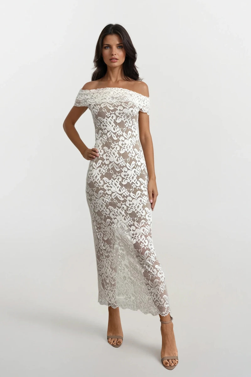 SOIFA WHITE LACE BARDOT OFF THE SHOULDER MAXI DRESS WITH NUDE LINING