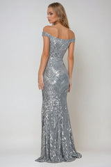 SOPHIE SILVER SEQUIN OCCASION EVENING WEAR MAXI DRESS WITH FRONT SPLIT