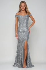 SOPHIE SILVER SEQUIN OCCASION EVENING WEAR MAXI DRESS WITH FRONT SPLIT