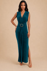 Amor Green V Front Maxi Dress With Front Sash