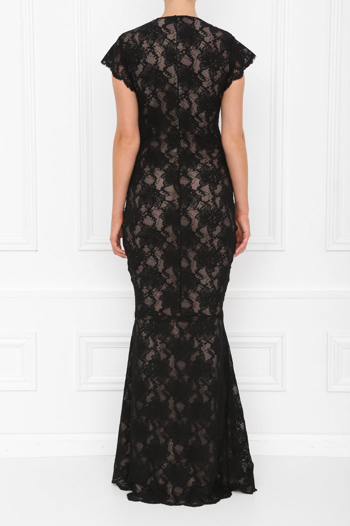Arianna Black Nude Lace Maxi Dress  Honor Gold