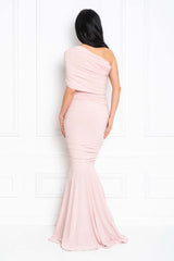 Alice One Shoulder Fishtail Maxi Dress Blush back worn on shoulder HG-229