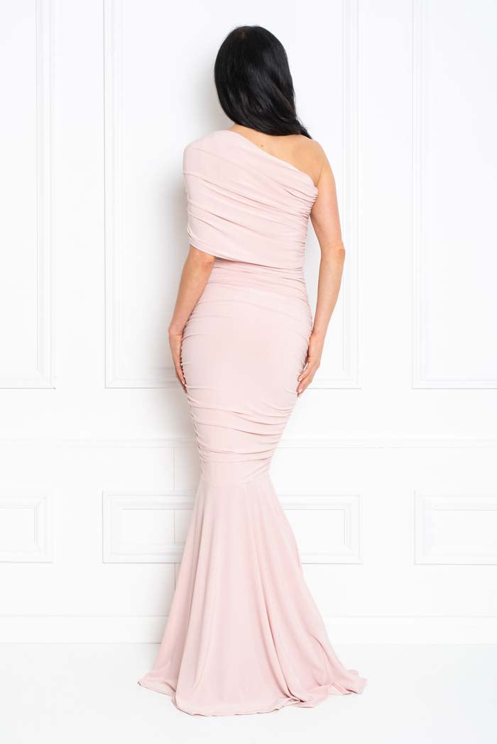 open lace back dress Alice Blush Pink One Shoulder Bridesmaids Occasion Maxi Dress – Honor Gold