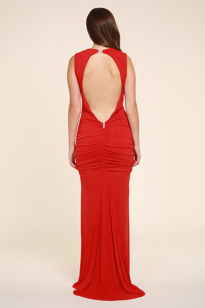 Bella Red Backless Sleeveless Maxi Dress With Train  Honor Gold