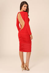 BELLA RED LONG SLEEVED BACKLESS MIDI DRESS