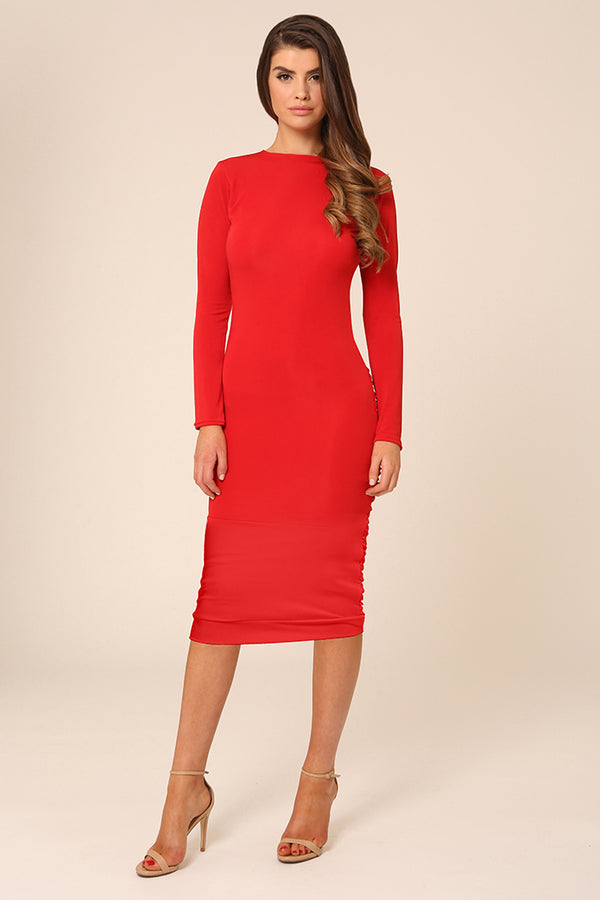 BELLA RED LONG SLEEVED BACKLESS MIDI DRESS