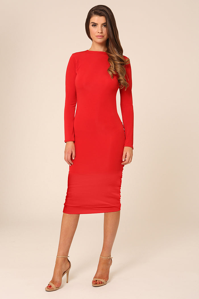 Bella Red Long Sleeve Backless Midi Dress | Honor Gold UK Bella Red Long Sleeve Backless Midi Dress | Honor Gold UK