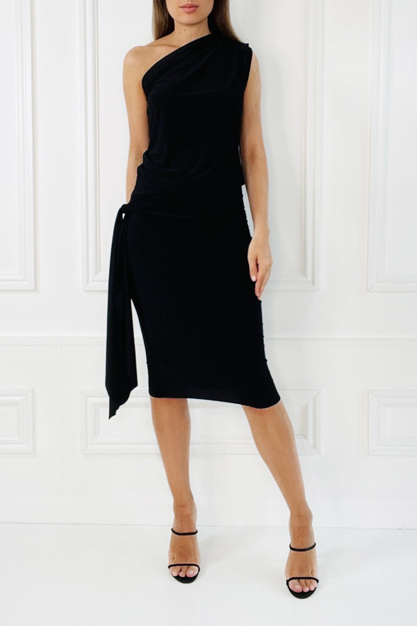 KHLOE BLACK ONE SHOULDERED WITH TIE AT WAIST KNEE LENGTH DRESS