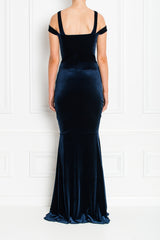 EVIE VELVET FISHTAIL MAXI NAVY FRONT AW19-88