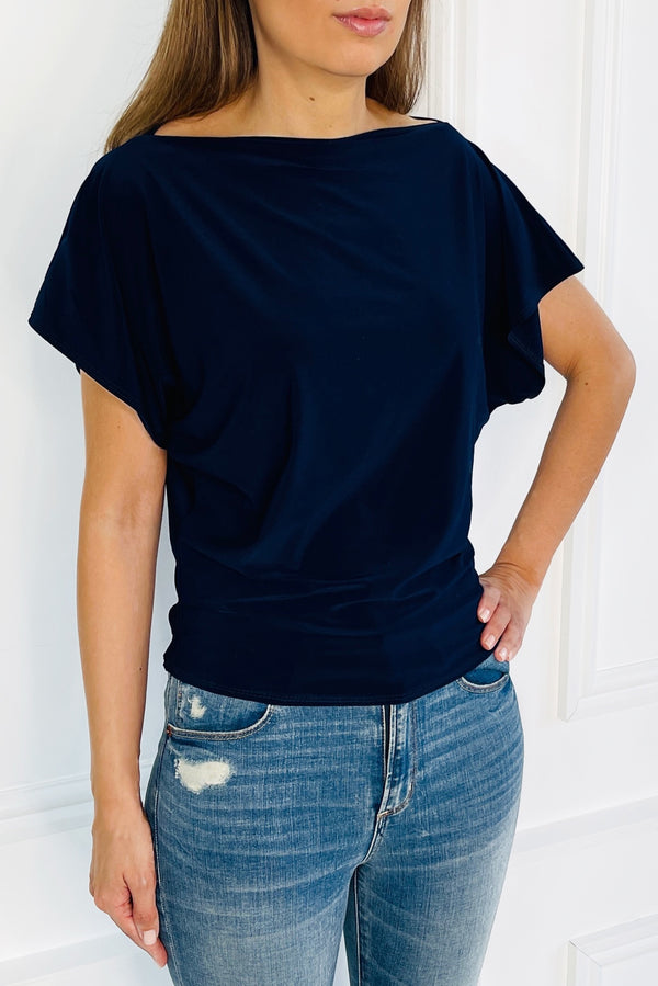 FINLEY NAVY BATWING TOP WITH SLASHED NECKLINE