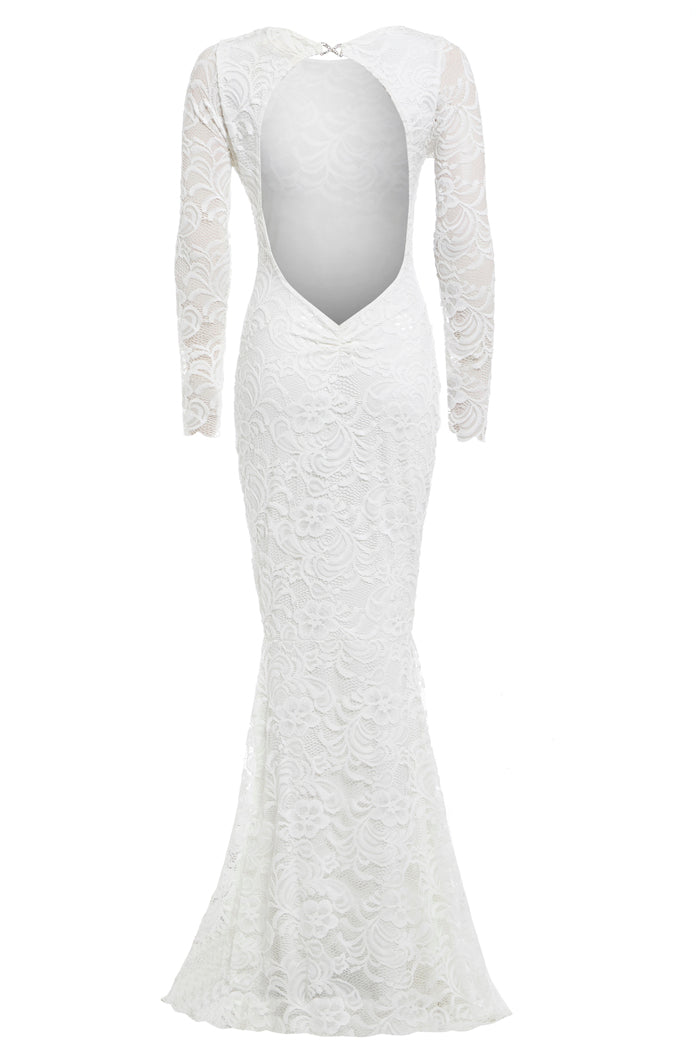 Faye Ivory White Backless Long Sleeved Fishtail Maxi