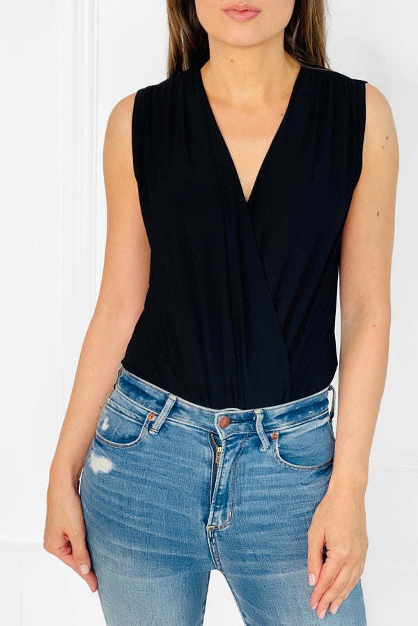 JADE BLACK SLEEVELESS WRAP STYLE BODYSUIT TOP